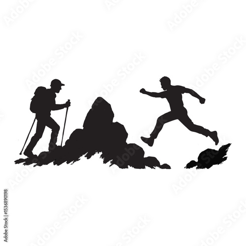 Black Silhouette of Mountain Climbers and Hikers