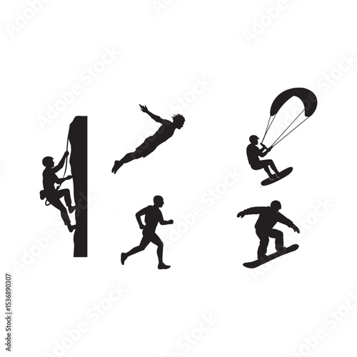 Black Silhouette of Rock Climbing Surfing Kitesurfing Snowboarding