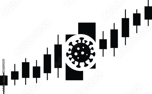 Vector illustration depicting a vibrant, abstract virus cell impacting an upward-trending stock market graph, symbolizing economic influence and global health crisis concepts.
