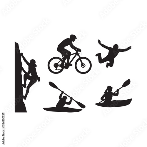  Black Silhouette of Cycling Kayaking and Mountain Biking