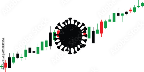 Vector illustration depicting a vibrant, abstract virus cell impacting an upward-trending stock market graph, symbolizing economic influence and global health crisis concepts.
