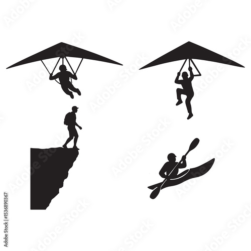 Black Silhouette of Hang Gliding Rock Climbing and Canoeing
