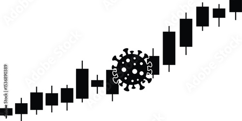 Vector illustration depicting a vibrant, abstract virus cell impacting an upward-trending stock market graph, symbolizing economic influence and global health crisis concepts.
