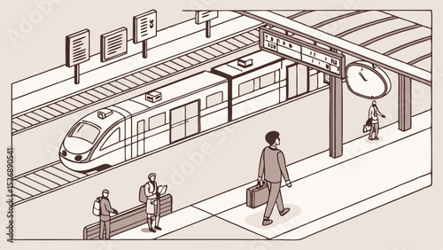 Isometric illustration of a train station with passengers and train.