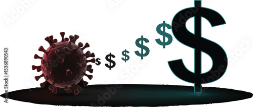 Vector illustration depicting the stark impact of a virus outbreak on the global economy, symbolized by a merging virus cell and a dollar sign, representing financial crisis and economic recession.
