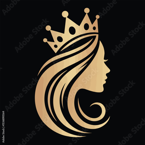 Golden silhouette of a queen with crown and flowing hair on a black background