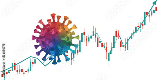 Vector illustration depicting a vibrant, abstract virus cell impacting an upward-trending stock market graph, symbolizing economic influence and global health crisis concepts.