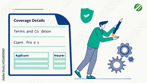 Man Filling Insurance Claim Form with Gears and Shield.