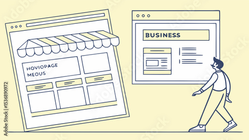 Man viewing two website mockups one resembling an online storefront.