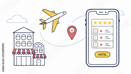 Mobile Hotel Booking App Interface with Airplane and Location.