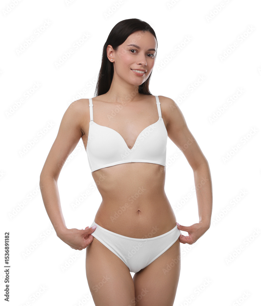 Obraz premium Beautiful woman with perfect slim body on white background