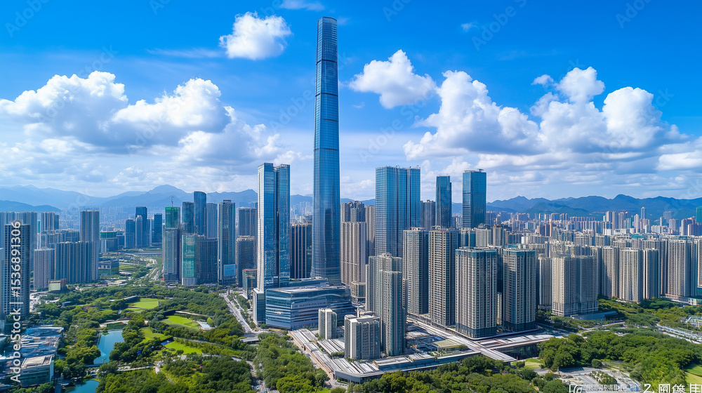 Obraz premium Modern City Skyline with Skyscrapers under Blue Sky and White Clouds