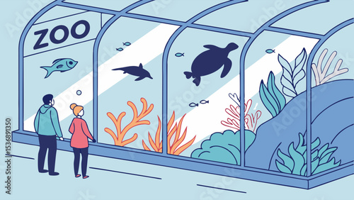 People at Zoo Aquarium Viewing Fish Dolphin and Turtle.