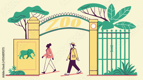 People entering the zoo through the gate with elephant sign.