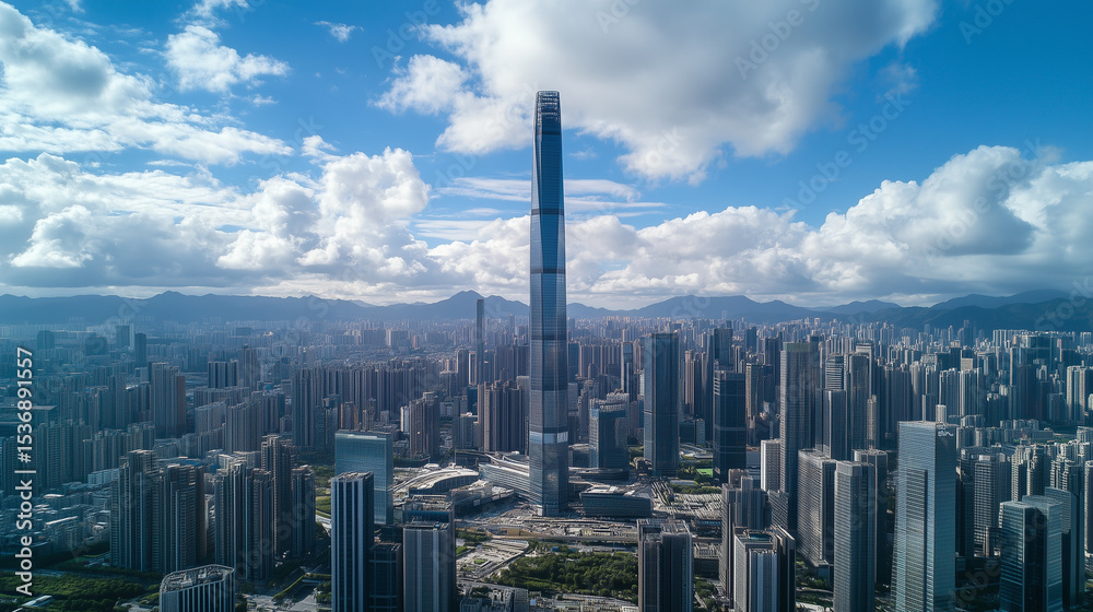 Fototapeta premium Modern City Skyline with Skyscrapers under Blue Sky and White Clouds