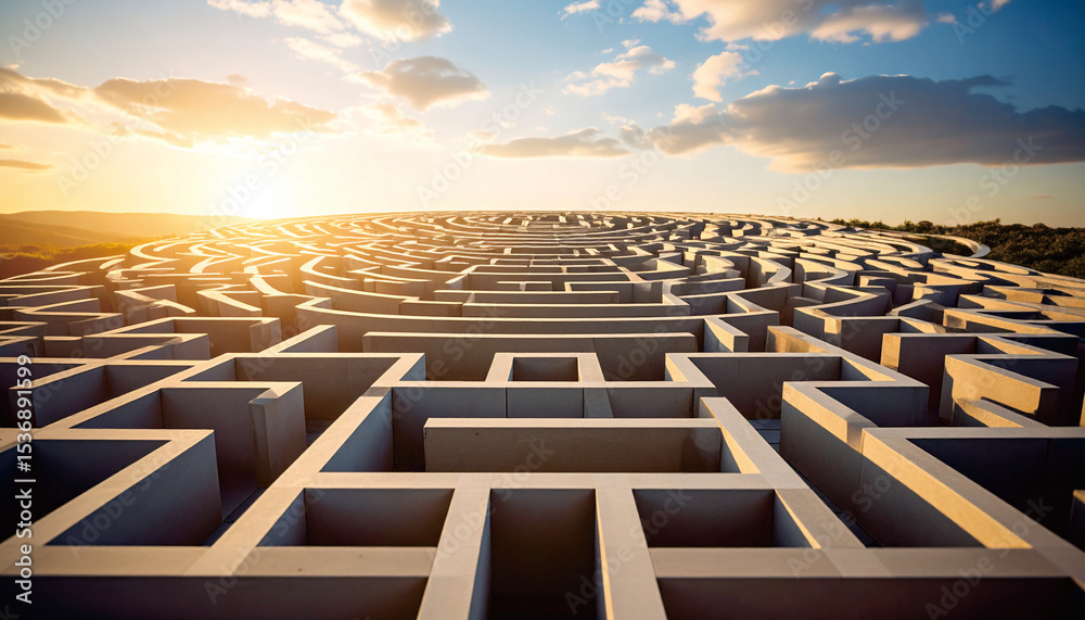 Fototapeta premium Minimalist Maze Structure Under Clear Blue Sky – Concept of Complexity and Decision