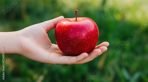 Child's hand holding a red apple