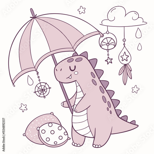 Shy expression on a Dinosaur in a Fantasy dream theme, with under an umbrella – Dreamland vector art