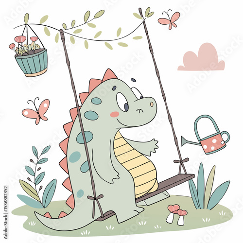 Cute Shy Dinosaur, accessorized with on a cloud swing, in a Spring garden world – Spring Garden palette vector