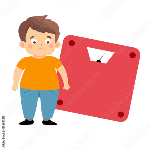 Overweight fat boy with fat belly surprised to see his weight on the scale