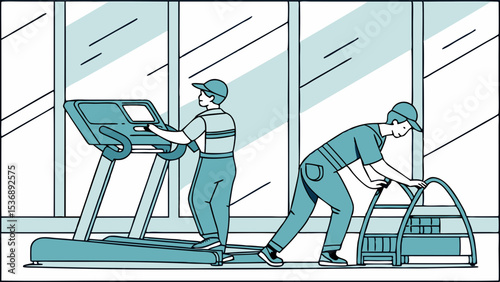 Two men exercising on treadmill and stationary bike in gym.