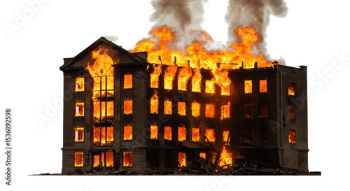 Isolated Building Engulfed in Flames and Smoke