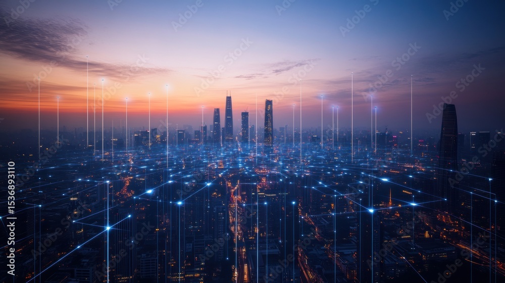 Fototapeta premium Cityscape at dawn with digital connections (1)