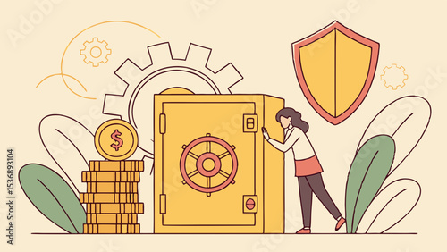 Woman Securing a Large Yellow Safe with a Shield and Coins.
