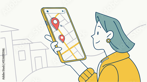 Woman Using Smartphone Navigation App to Find Location.