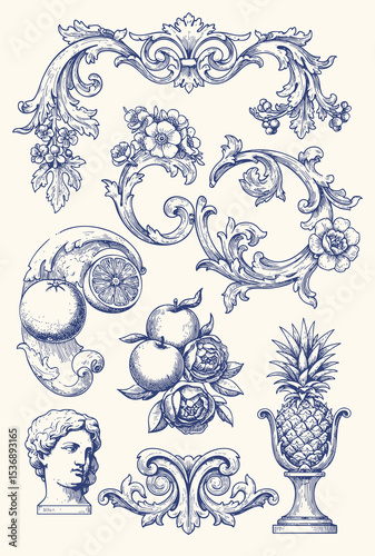 Set of Vintage Baroque Victorian element floral ornament leaf scroll engraved retro flower pattern decorative design. Vector damask patterns with flourishes calligraphic engraved ink style.