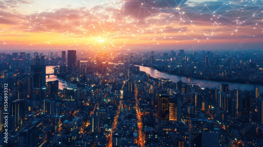 Fototapeta premium Cityscape at sunset with network overlay