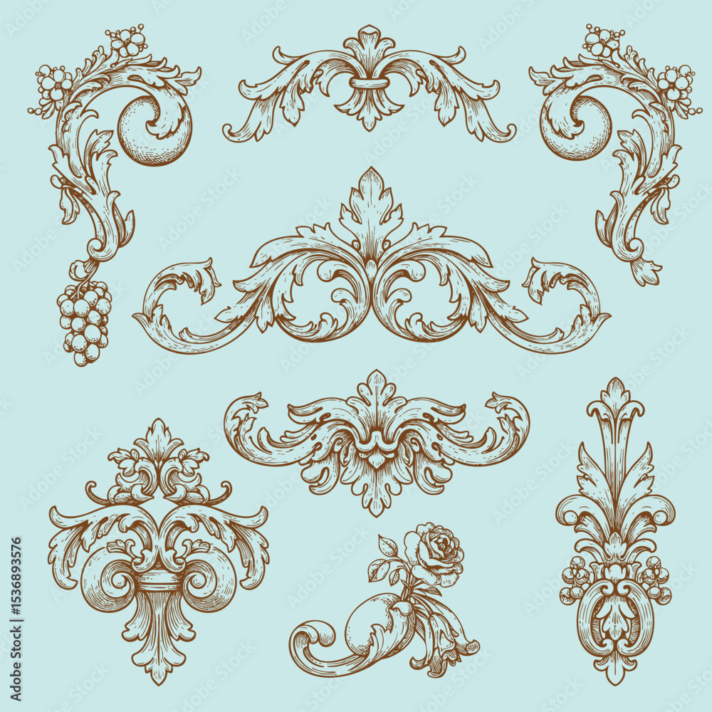 Luxury decorative vector elements set, rococo and baroque style, vintage luxury royal vignette