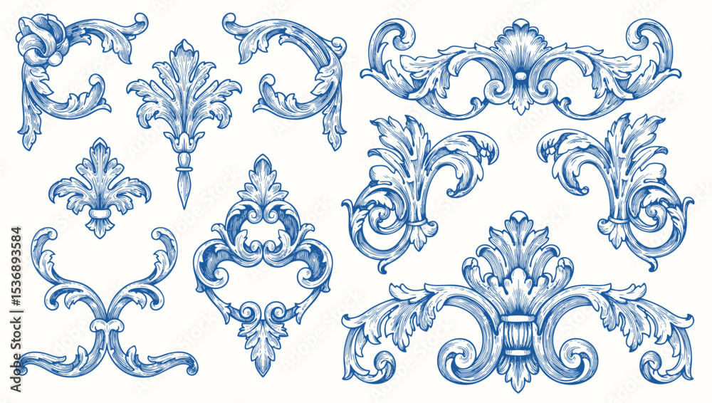 Luxury decorative vector elements set, rococo and baroque style, vintage luxury royal vignette