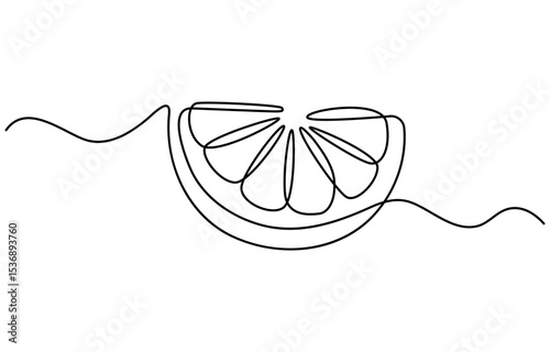 Orange fruit whole and a slice in continuous line art drawing style. Black line sketch on white background. Vector illustration