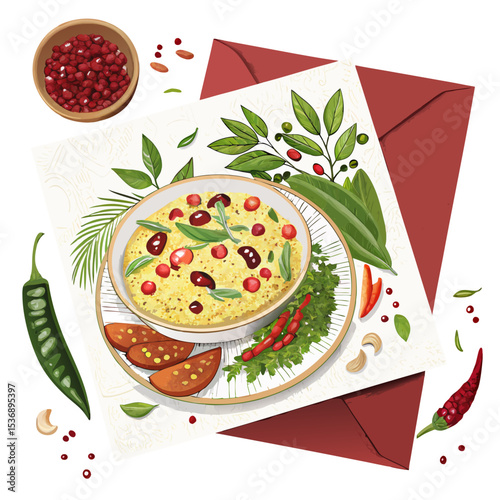 Greeting card with traditional food pachadi with all flavors white background 