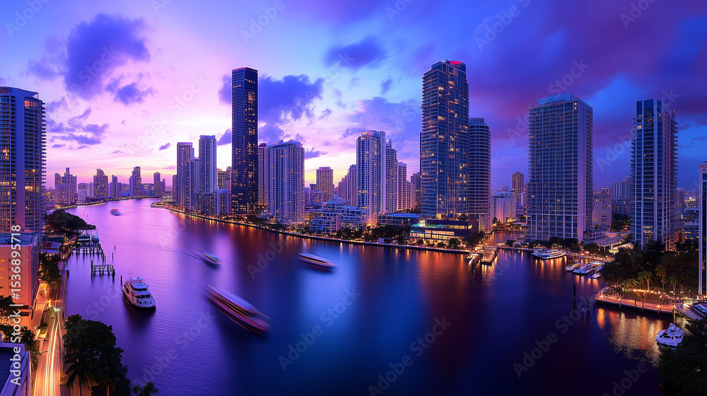 Fototapeta premium Vibrant City Skyline at Night with Reflections on Water