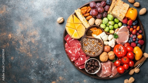 Colorful food platter on dark surface