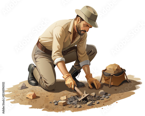 vector of an archaeologist kneeling, brushing off bones or relics at dig site, isolated on white background
