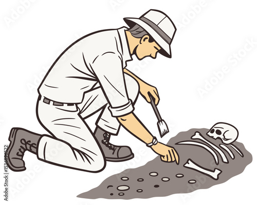 vector of an archaeologist kneeling, brushing off bones or relics at dig site, isolated on white background
