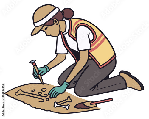 vector of an archaeologist kneeling, brushing off bones or relics at dig site, isolated on white background
