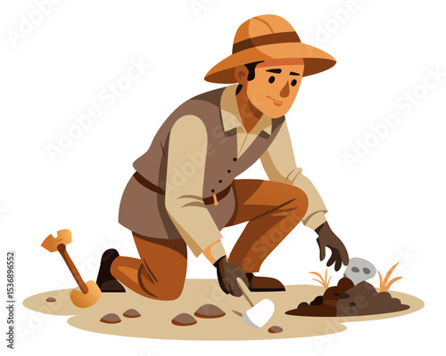 vector of an archaeologist kneeling, brushing off bones or relics at dig site, isolated on white background
