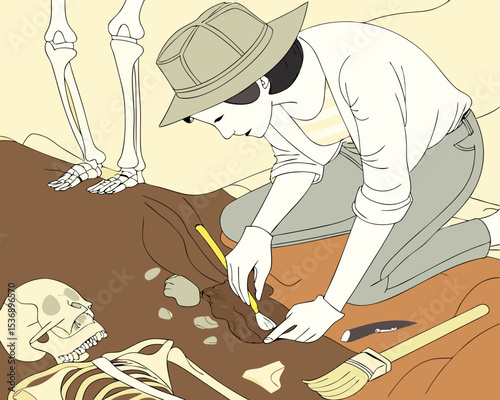vector of an archaeologist kneeling, brushing off bones or relics at dig site, isolated on white background
