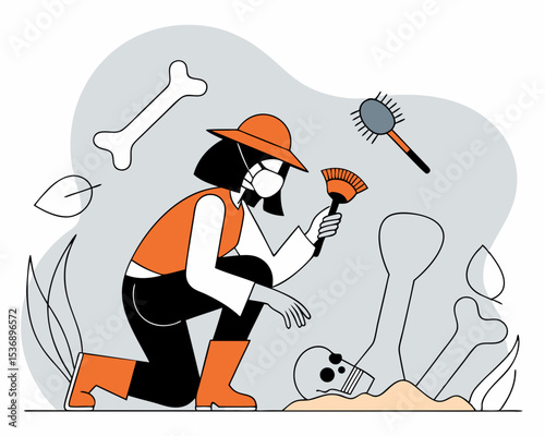 vector of an archaeologist kneeling, brushing off bones or relics at dig site, isolated on white background
