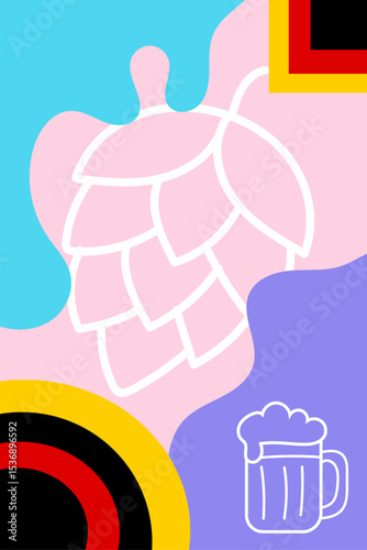   Modern Oktoberfest Background with Beer Mug and Hop Outline. Minimalist flat vector illustration featuring abstract background with hop cone outline, beer mug icon, and German flag color elements.