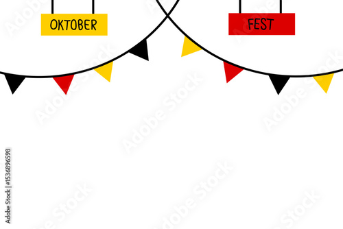 Oktoberfest Banner with German Flag Colors featuring classic Oktoberfest symbols such as beer, pretzels, sausages, hops, small flags and the typical Bavarian hat.