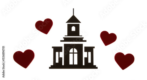 Isolated Icon of City Hall Building Surrounded by Hearts