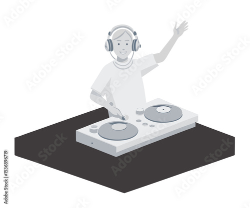 vector of a DJ using turntables and audio mixer, wearing headphones, energetic pose, white background
