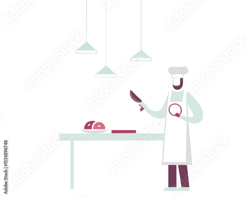 vector of a butcher in apron and gloves with cleaver and meat on table, clean style on white
