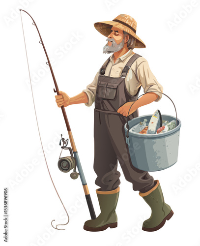 vector of a fisherman holding rod and bucket with fish, wearing boots and hat, isolated on white background
