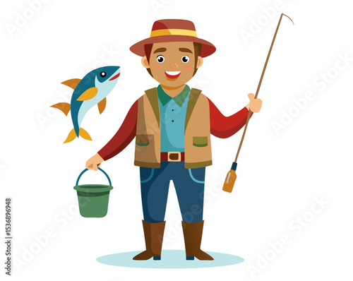 vector of a fisherman holding rod and bucket with fish, wearing boots and hat, isolated on white background
